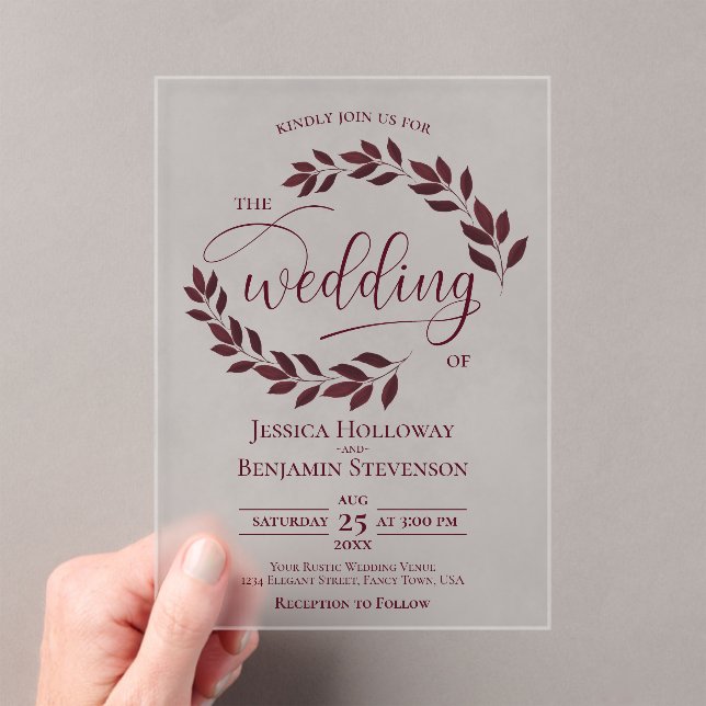Invitaciones Acrílicas Borgoña deja elegante Boda de escritura moderna (Insitu (portátil))