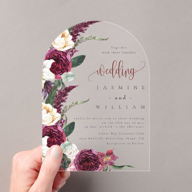 Invitaciones Acrílicas Borgoña Floral Elegante Boda (Insitu (portátil))