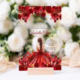 Invitaciones Acrílicas Borgoña Floral Princesa Oro Quinceanera