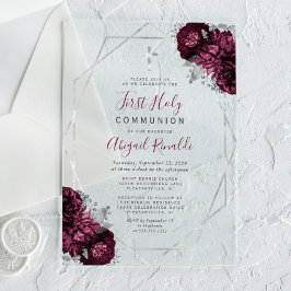 Invitaciones Acrílicas Borgoña Floral Silver Frame First Holy Communia