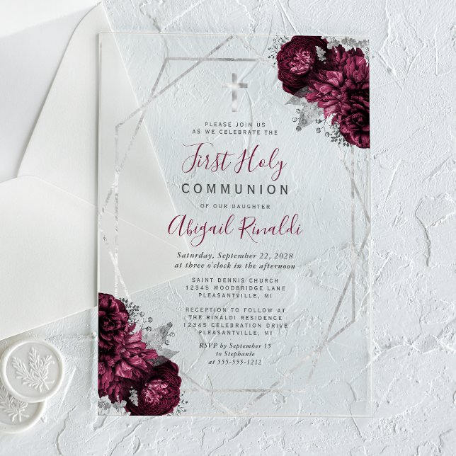 Invitaciones Acrílicas Borgoña Floral Silver Frame First Holy Communia (Subido por el creador)