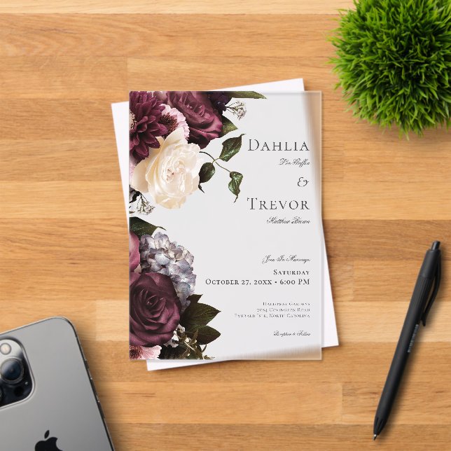 Invitaciones Acrílicas Borgoña oscura y Boda floral crema (Insitu (Tarjeta de Invitación))