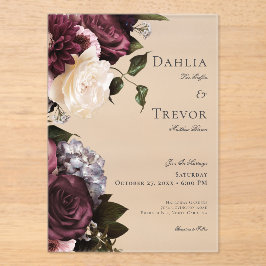Invitaciones Acrílicas Borgoña oscura y Boda floral crema