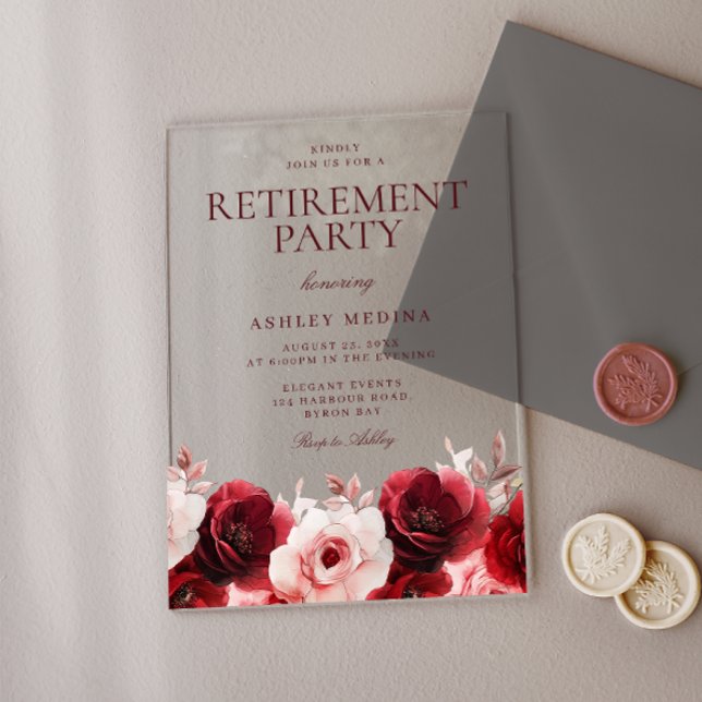 Invitaciones Acrílicas Borgoña Red Elegance: Fiesta de retiro de la Rosa  (Subido por el creador)