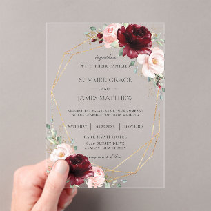 Invitaciones Acrílicas Borgoña Rubor Rosa Rosa Rosa Rosa Boda Geométrico 