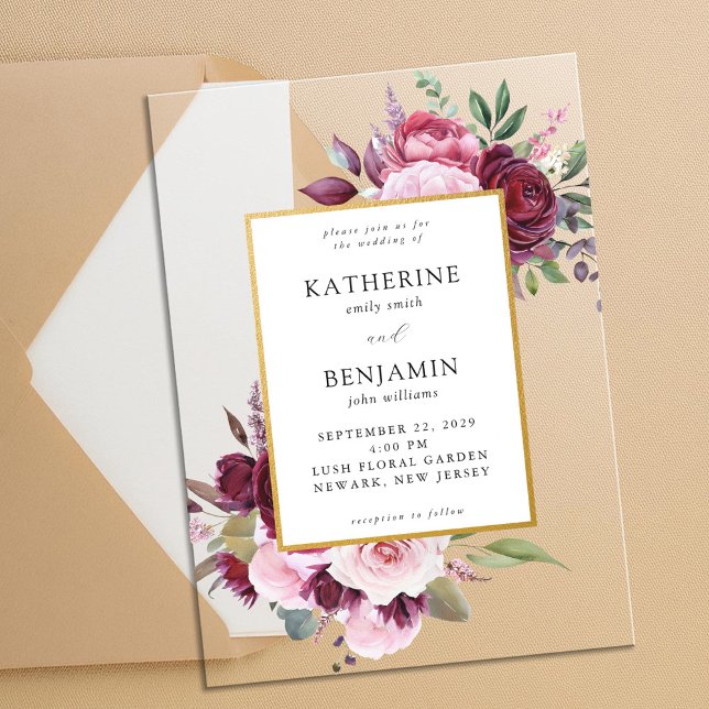 Invitaciones Acrílicas Borgoña y Boda floral elegante rosa (Subido por el creador)