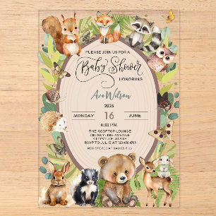 Invitaciones Acrílicas Bosque Animales Bebé Cumpleaños Rústico Verdor