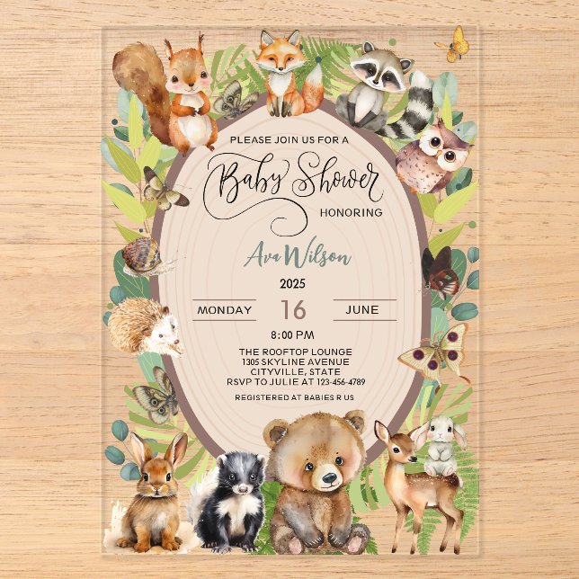 Invitaciones Acrílicas Bosque Animales Bebé Cumpleaños Rústico Verdor (Anverso)