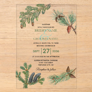 Invitaciones Acrílicas Bosque de árboles de pino rústicos vegetación boda