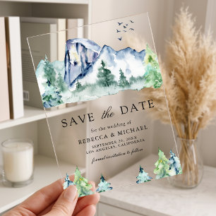 Invitaciones Acrílicas Bosque de pinos de montaña Boda Guardar la fecha