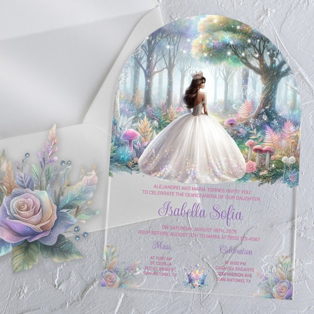 Invitaciones Acrílicas Bosque Pastel Enchado Quinceañera (Enchanted forest acrylic Quinceanera invitation, any occasion, simply add your event details.)