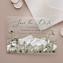 Invitaciones Acrílicas Bosque Perenne de Montaña Rústica Save the Date