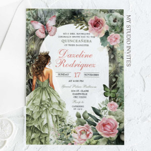 Invitaciones Acrílicas Bosque singulares rosa y verde sabio Quinceanera