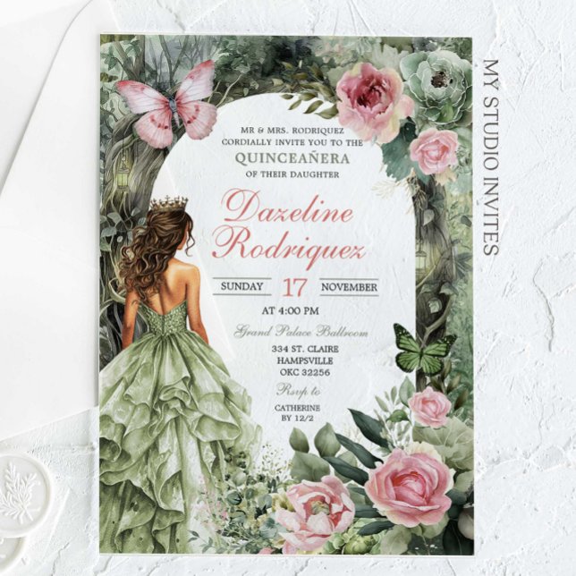 Invitaciones Acrílicas Bosque singulares rosa y verde sabio Quinceanera (Subido por el creador)