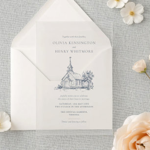 Invitaciones Acrílicas Bosquejo de iglesia minimalista elegante boda