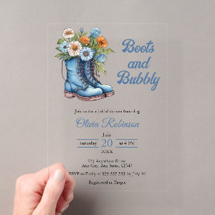 Invitaciones Acrílicas Botas Azules de Vaquera Occidental y Despedida de