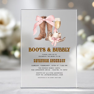 Invitaciones Acrílicas Botas con lazo rosa y burbujeante Despedida de sol