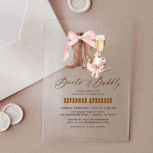 Invitaciones Acrílicas Botas con lazo rosa y burbujeante Despedida de sol