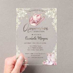 Invitaciones Acrílicas Botas de vaquera con encaje, luces y sombrero Quin