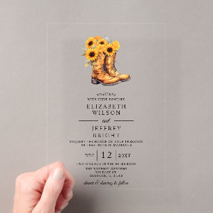 Invitaciones Acrílicas Botas de vaquero de girasoles granero de madera bo
