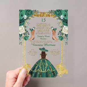 Invitaciones Acrílicas Botas Españolas Verde Esmeralda Cumpleaños 15 Años