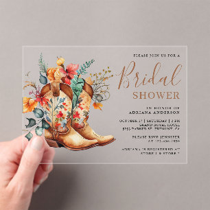 Invitaciones Acrílicas Botas Florales de Vaquera Occidental para Despedid