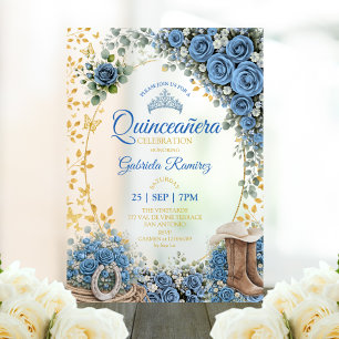 Invitaciones Acrílicas Botas Occidentales Rosas Azules Quinceañera Dorada