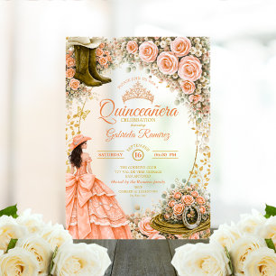 Invitaciones Acrílicas Botas occidentales rosas melocotón doradas Quincea
