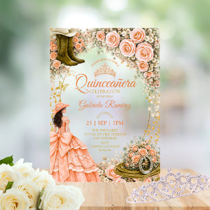 Invitaciones Acrílicas Botas occidentales rosas melocotón dorado Quinceañ