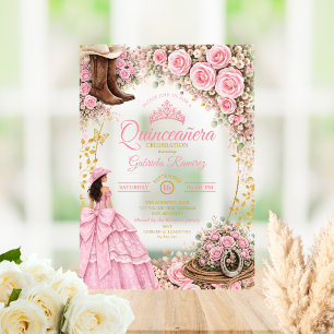 Invitaciones Acrílicas Botas occidentales rosas rosadas Quinceañera dorad