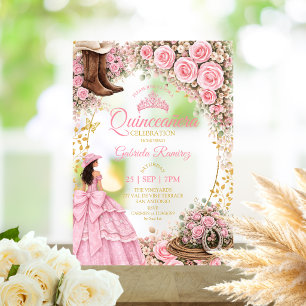 Invitaciones Acrílicas Botas occidentales rosas rosadas Quinceañera dorad