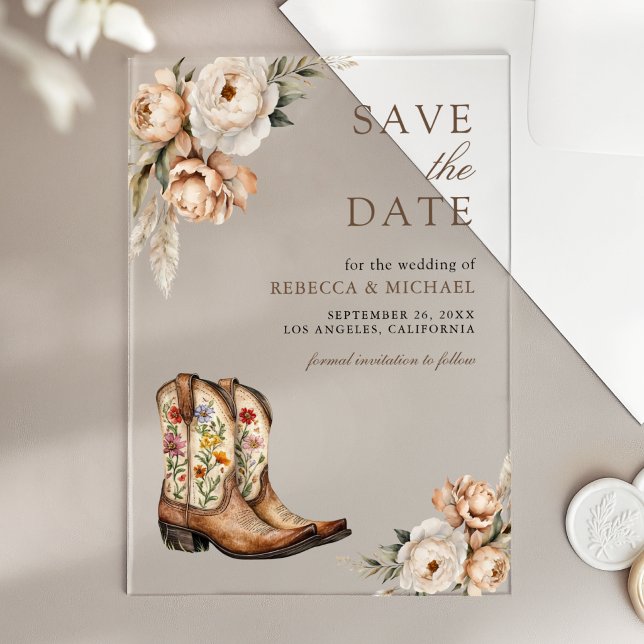 Invitaciones Acrílicas Botas Vaqueras Occidentales Boda Guardar la Fecha (Subido por el creador)