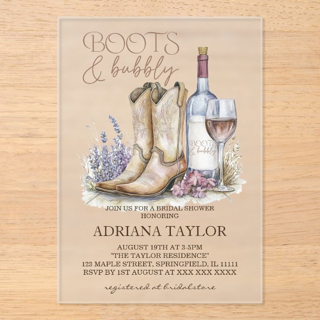 Invitaciones Acrílicas Botas y burbujas Despedida de soltera western (Anverso)