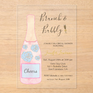 Invitaciones Acrílicas Botella de champán burbujeante para desayuno rosa 