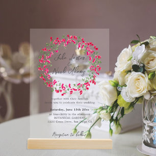 Invitaciones Acrílicas Bougainvillea Rosada Ducha de Boda Forestal Tropic