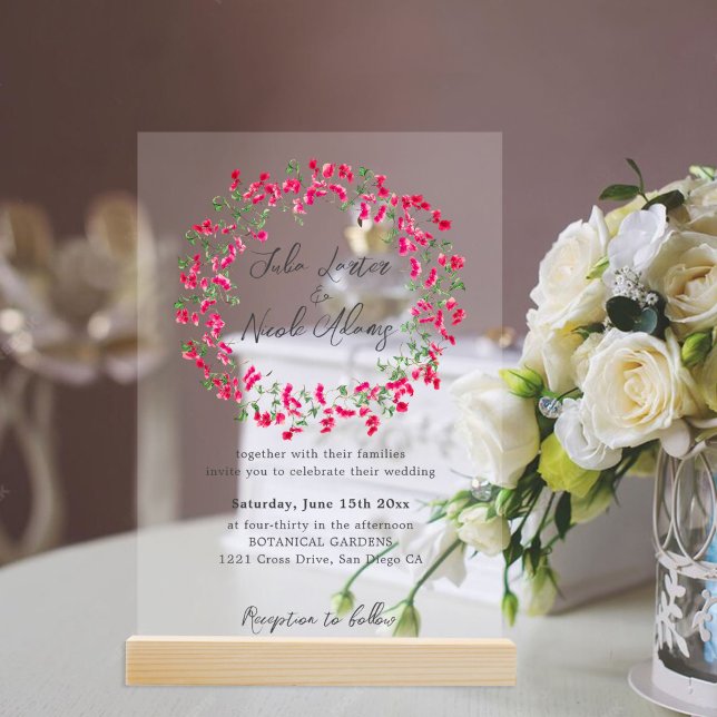 Invitaciones Acrílicas Bougainvillea Rosada Ducha de Boda Forestal Tropic (Subido por el creador)
