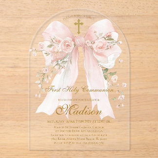 Invitaciones Acrílicas Bow First Holy Communion Girl - Boho Arch