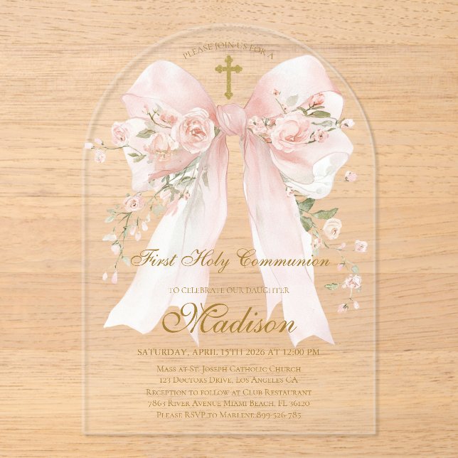 Invitaciones Acrílicas Bow First Holy Communion Girl - Boho Arch (Anverso)