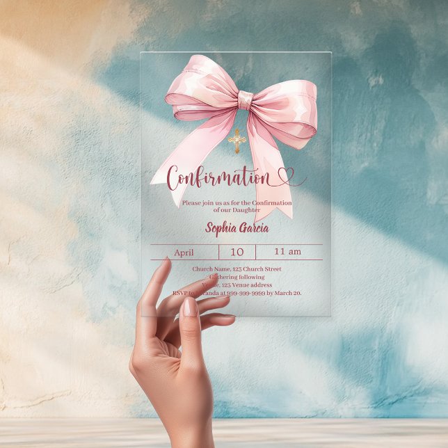 Invitaciones Acrílicas Bow pink girl elegant clear luxury Confirmation (Subido por el creador)