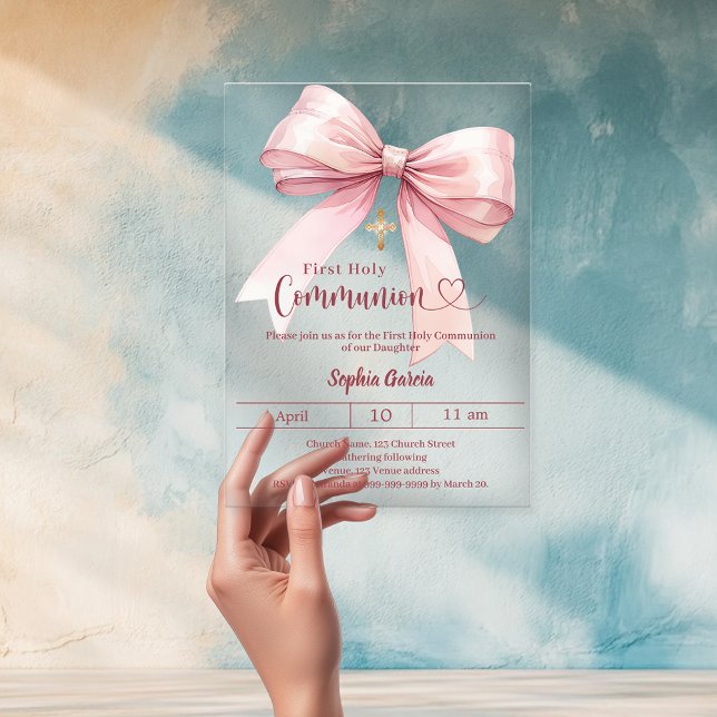 Invitaciones Acrílicas Bow pink girl elegant luxury clear First Communion (Subido por el creador)