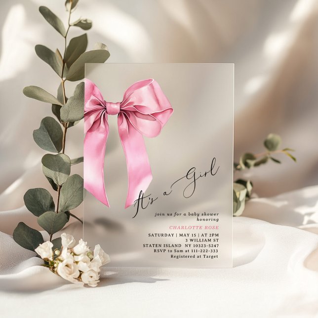 Invitaciones Acrílicas Bow rosado es un Baby Shower elegante chica (Subido por el creador)