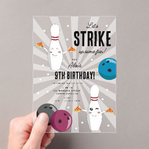 Invitaciones Acrílicas Bowling Pizza Strike Algunos Divertidos Niños Cump