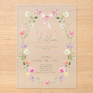 Invitaciones Acrílicas Bows y florecimiento Wildflower rosado Bow Baby Sh