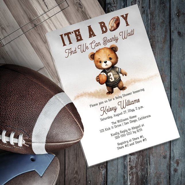 Invitaciones Acrílicas Boy Bearly Wait American Football Baby Shower ("It's A Boy And We Can Bearly Wait!" Teddy Bear Football Theme Boy Baby Shower Acrylic Invitation)