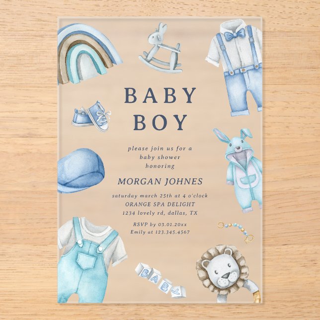 Invitaciones Acrílicas Boy Clothes Nursery Baby Shower (Anverso)