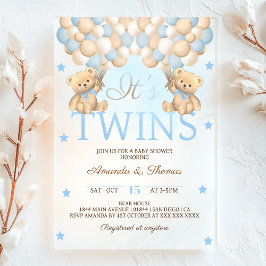 Invitaciones Acrílicas Boys gemelos azules con globos de oso Baby Shower