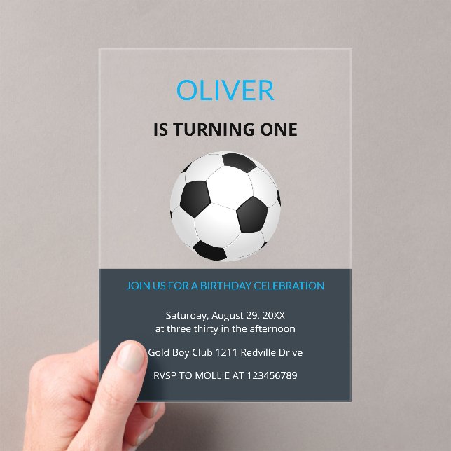 Invitaciones Acrílicas Boys Simple Blue Soccer Kids First Birthday (Insitu (portátil))