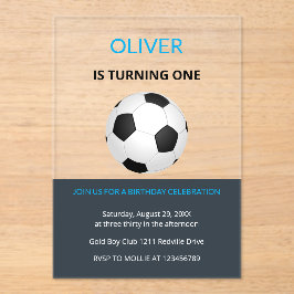 Invitaciones Acrílicas Boys Simple Blue Soccer Kids First Birthday