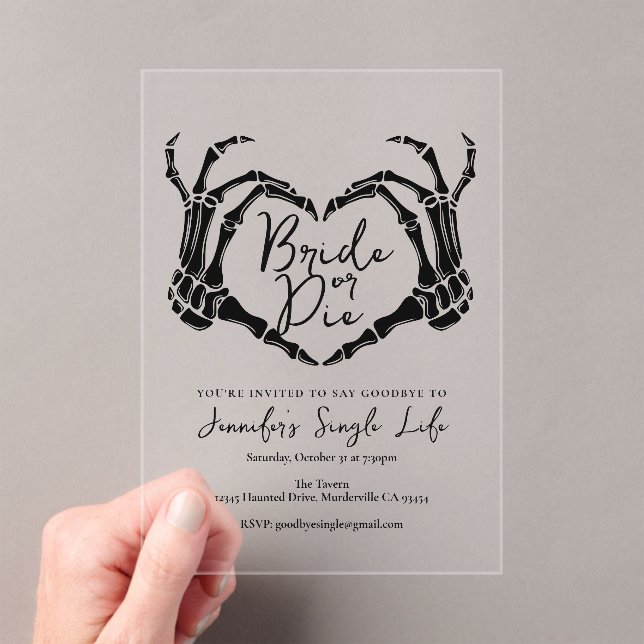 Invitaciones Acrílicas Bride or Die Bachelorette Party Skeleton Heart  (Insitu (portátil))