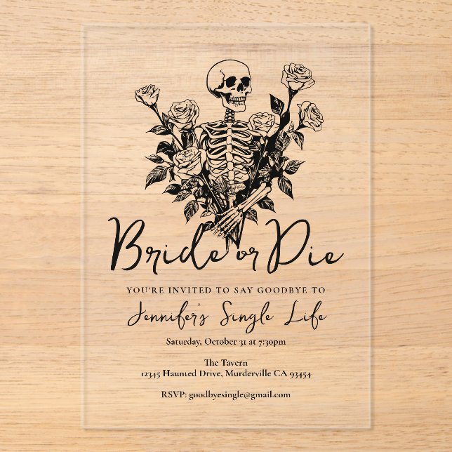 Invitaciones Acrílicas Bride or Die Skeleton Floral Bachelorette Party (Anverso)